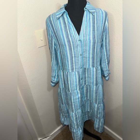 Soft Surroundings Santa Cruz nautical 100% Linen Tiered midi‎ dress- small - Picture 2 of 12